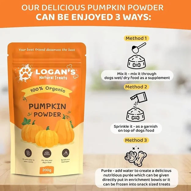 Logan’s Natural Treats Organic Pumpkin Powder for Dogs – Digestive Support (200g)
