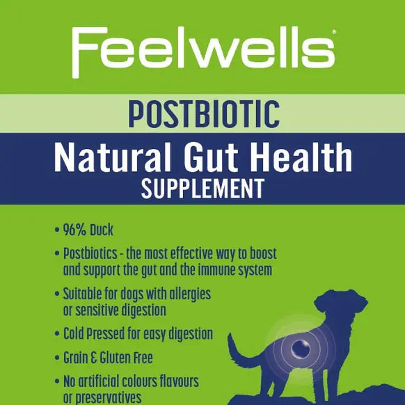 Feelwells postbiotic duck gut health supplement for dogs 150g