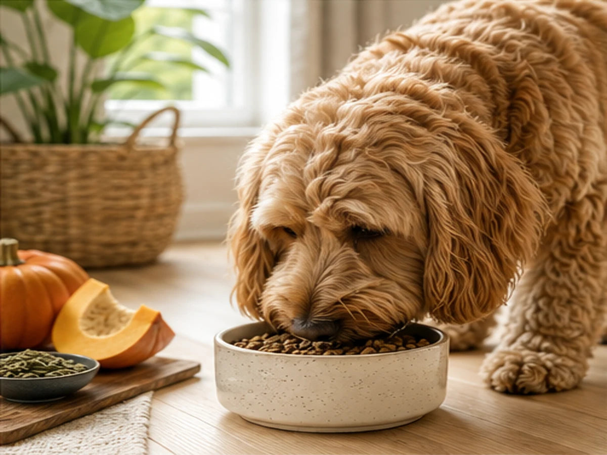 Dog eating a meal representing digestive health