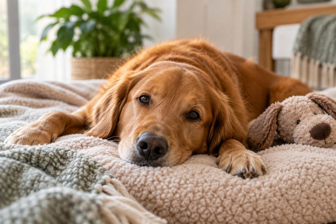 Golden retriever resting comfortably at home for a guide to calming supplements for dogs