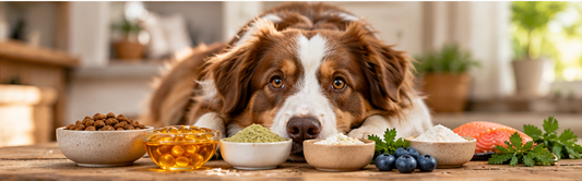 Dog with food, oils and supplement formats for a simple daily dog supplement routine
