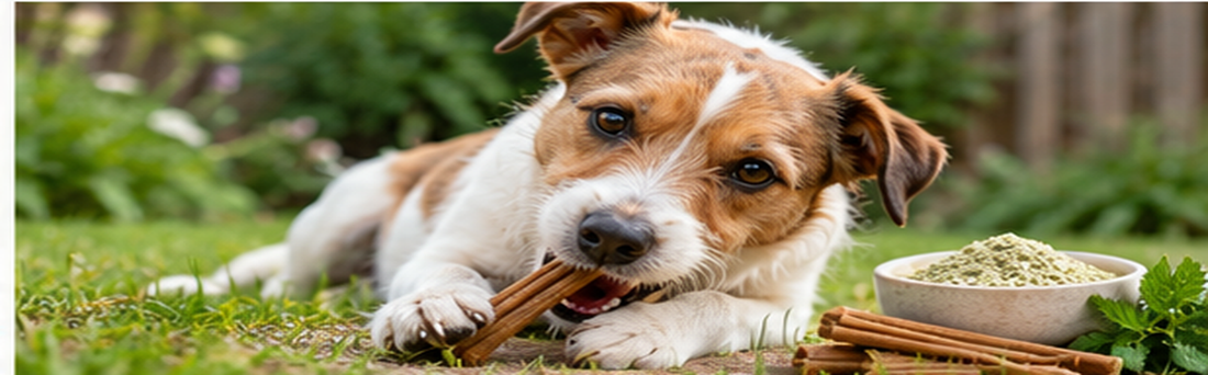 Dog with a dental chew and powder for a comparison of dog dental care formats