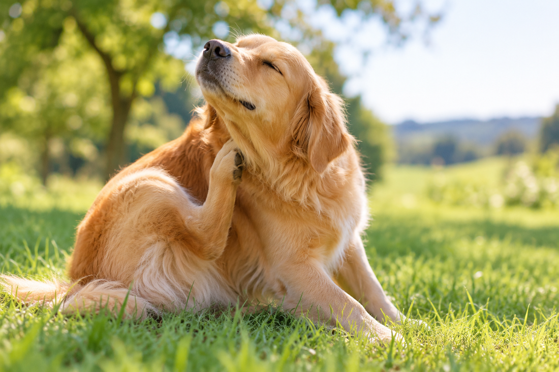 Golden retriever scratching outdoors for a guide to itchy skin in dogs and everyday skin and coat care