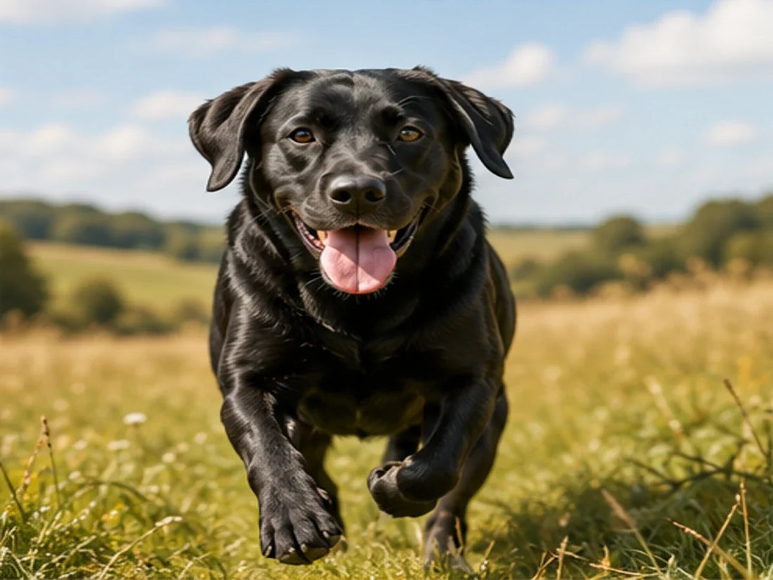 Black dog running outdoors, illustrating everyday mobility and joint support