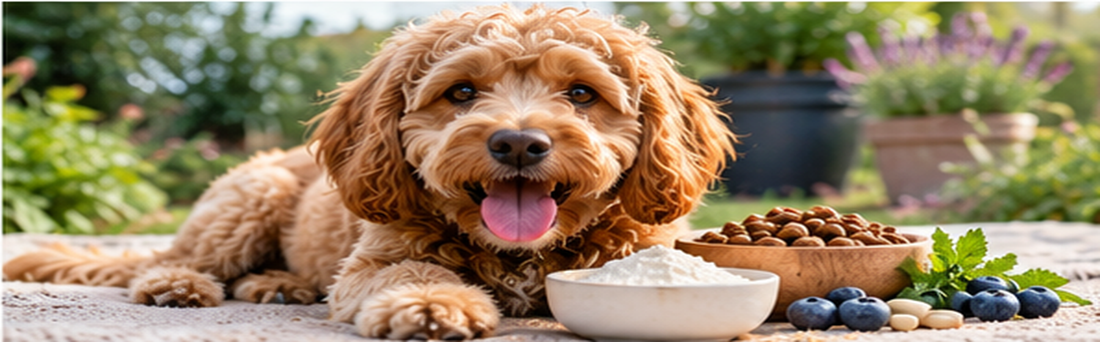 Dog with food and supplement ingredients for a guide to probiotics for dogs