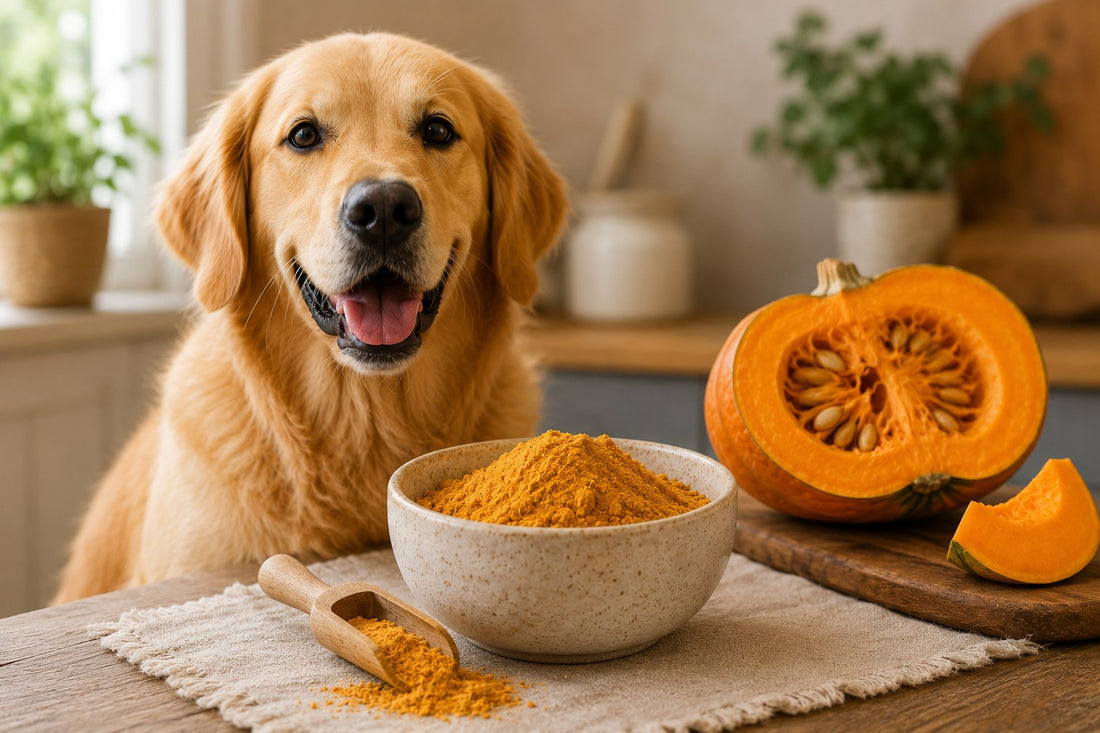 Golden retriever beside pumpkin and pumpkin powder