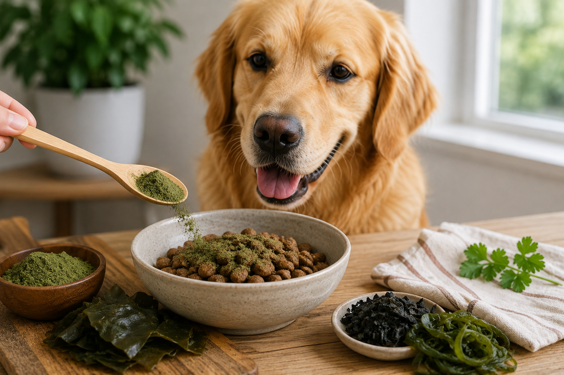 Golden retriever with seaweed dental powder added to food for everyday dog dental care
