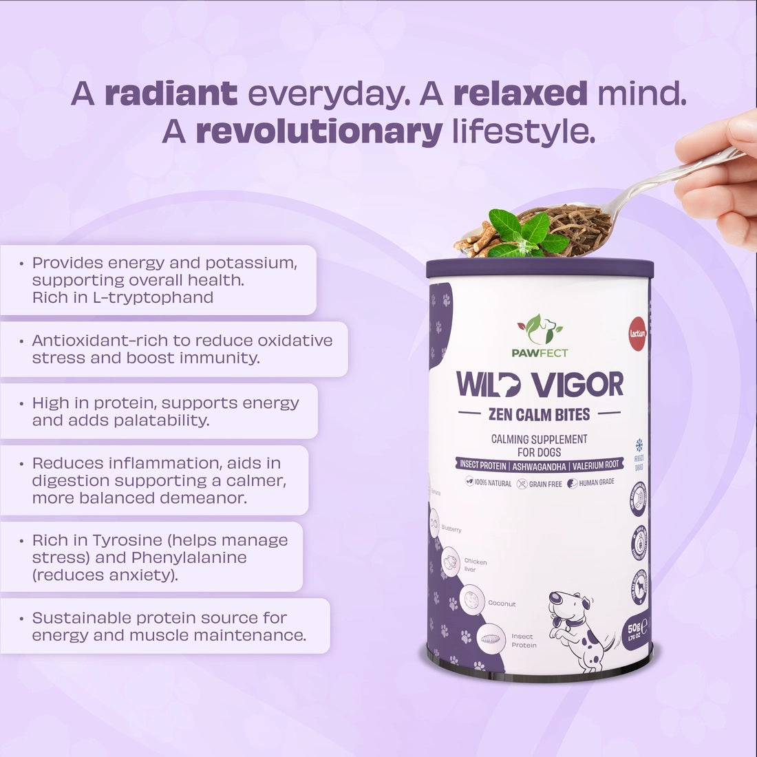 Pawfect Wild Vigor Zen Calm Bites - Natural Calming Supplement For Dogs - Enriched with Insect Protein, Chamomile, Valerian Root, Ashwagandha & Choline - 70g