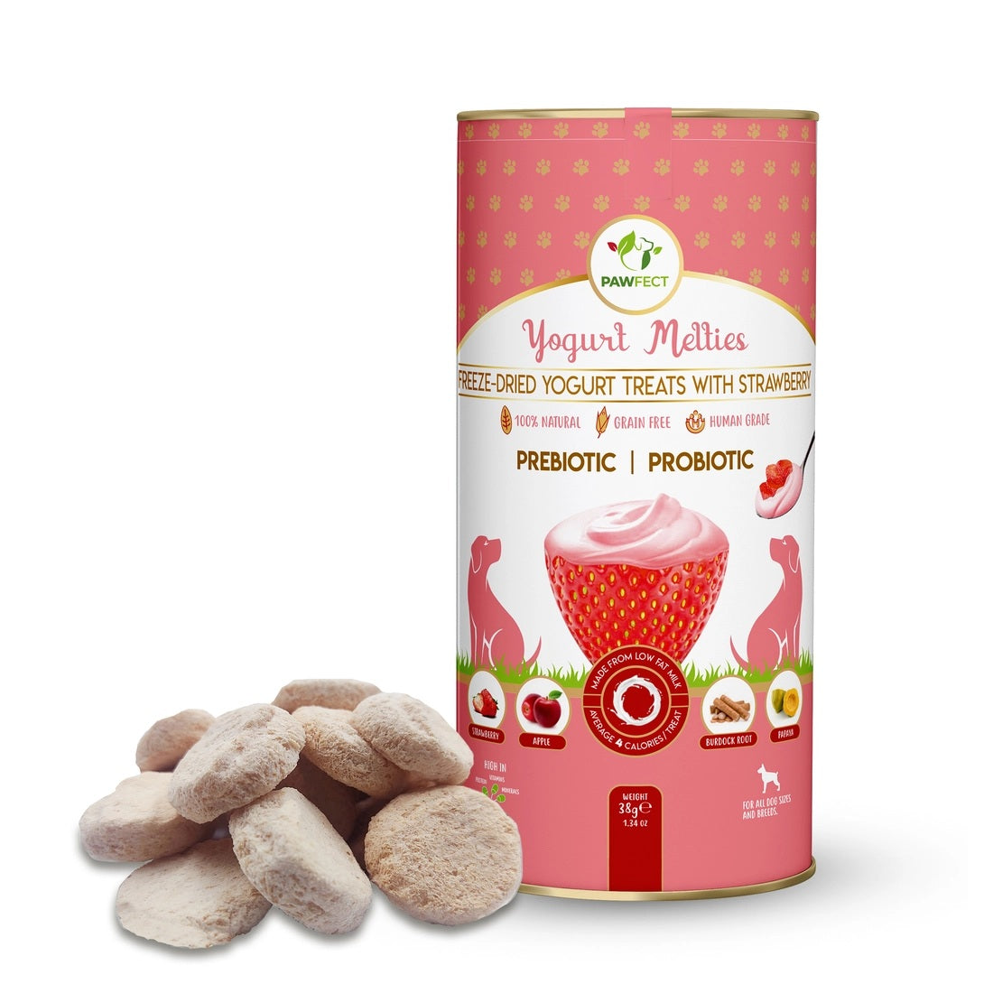 Pawfect Yogurt Melties Pre and Probiotic Dog Treats with Strawberry, Apple, Papaya & Burdock Root - 38g