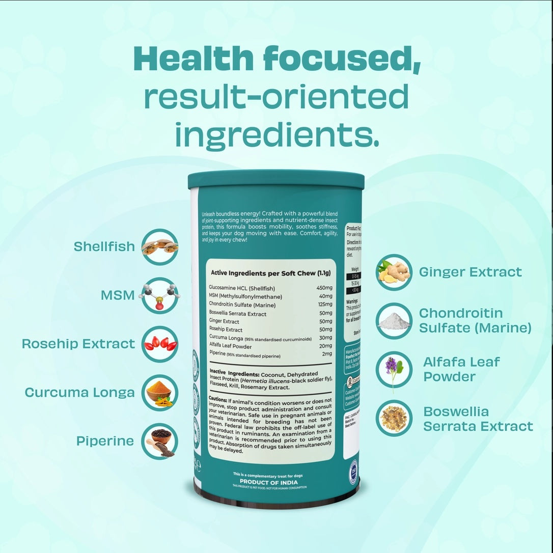 Soft chew joint and mobility supplements for dogs suitable for daily use