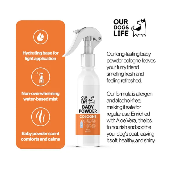 OurDogsLife Baby Powder Scented Dog Spray (250ml) – product image 2 – dog grooming