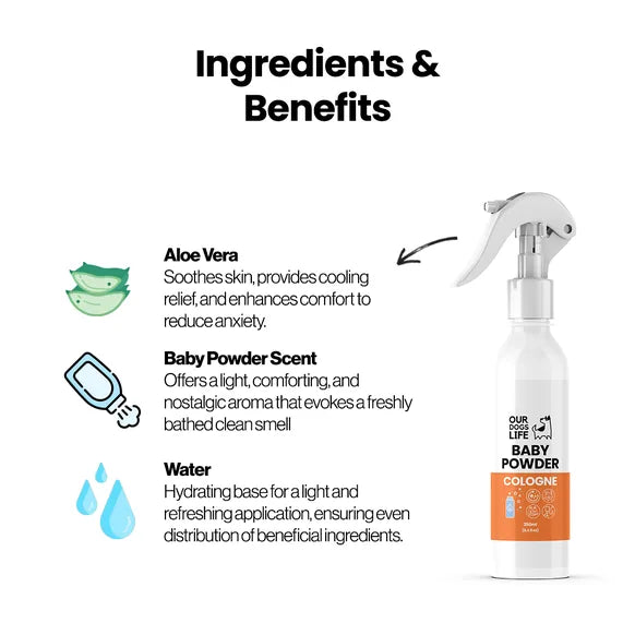 OurDogsLife Baby Powder Scented Dog Spray (250ml) – product image 3 – dog grooming