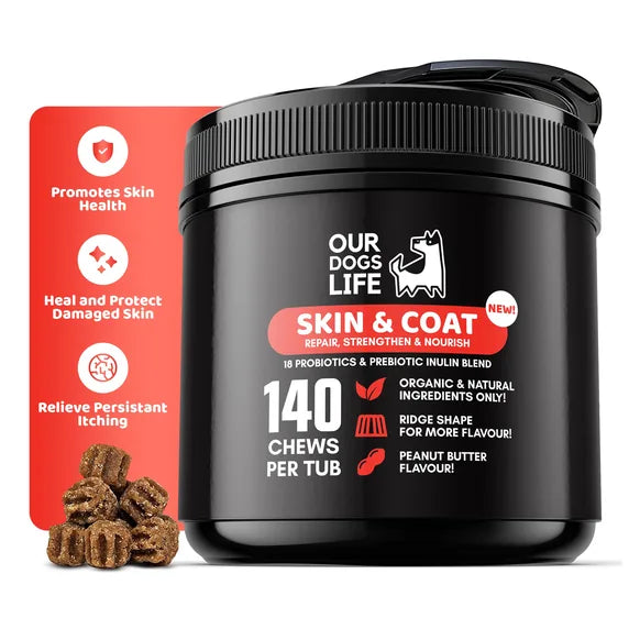 OurDogsLife Dog Skin and Coat Supplement (140 Chews Per Tub) – product image 2 – dog skin & coat care