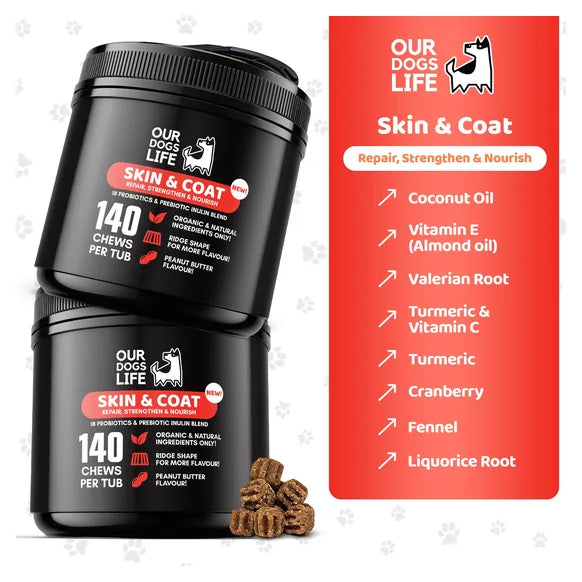 OurDogsLife Dog Skin and Coat Supplement (140 Chews Per Tub) – product image 3 – dog skin & coat care