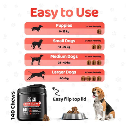 OurDogsLife Dog Skin and Coat Supplement (140 Chews Per Tub) – product image 7 – dog skin & coat care