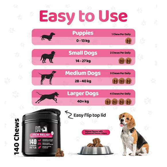 OurDogsLife Itch Relief Dog Chews (140 Chews Per Tub) – product image 6 – dog skin & coat care