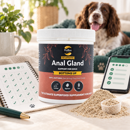 Proflax Bottoms Up 300g with a Pawfect 30-day stool tracker, measuring scoop and dog