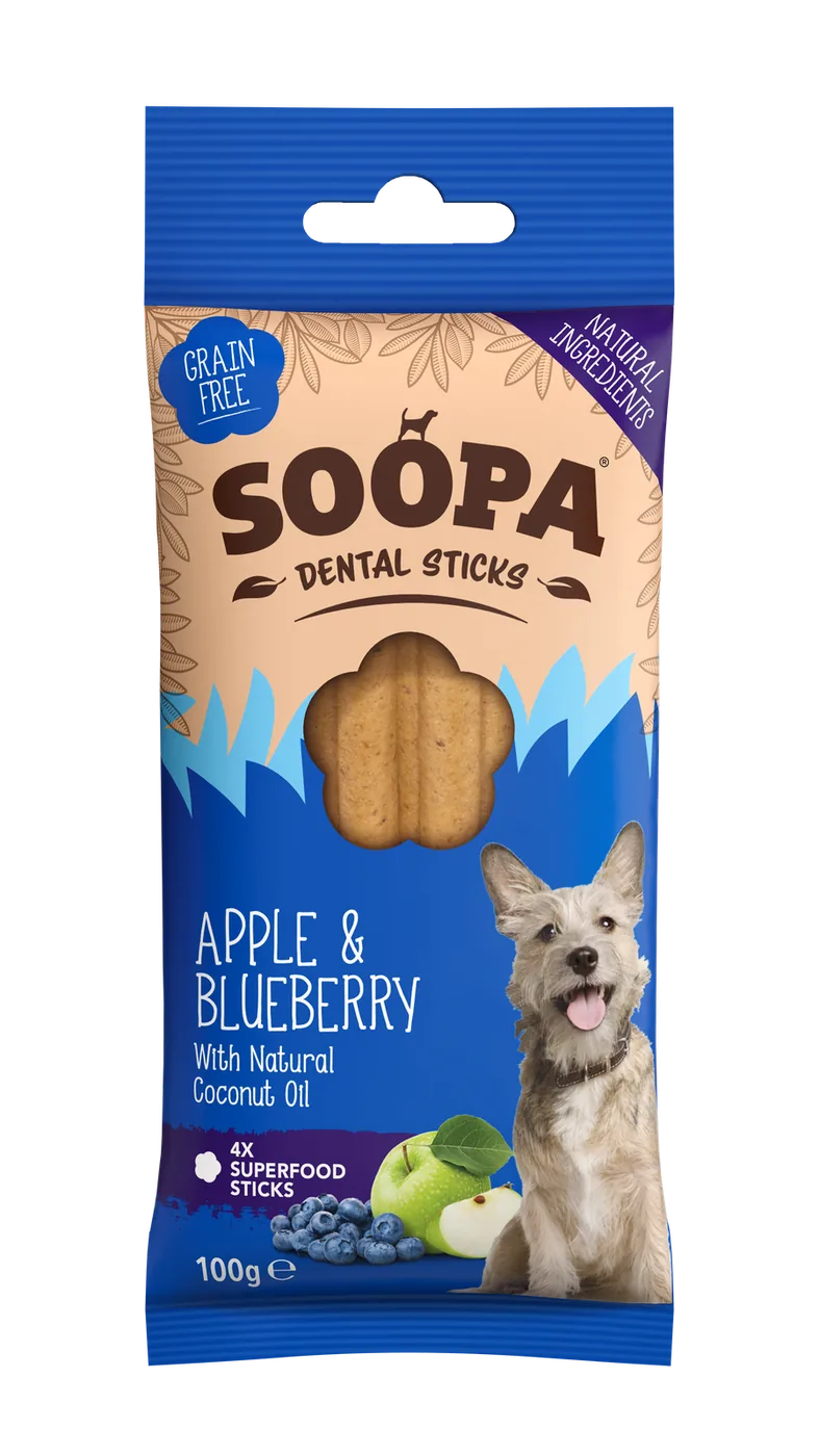 Soopa Apple & Blueberry Dog Dental Sticks – 100g product packaging