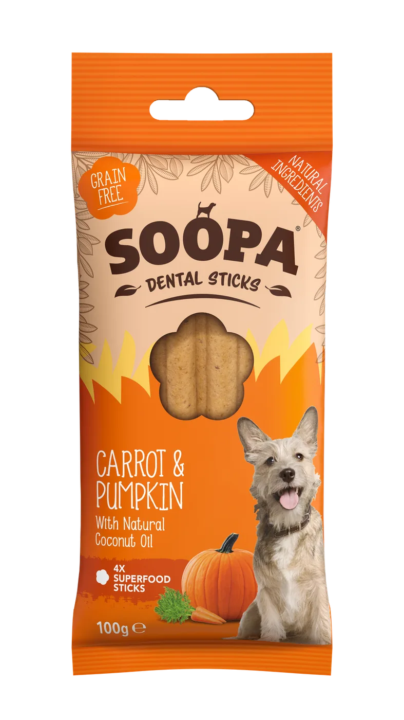 Soopa Carrot & Pumpkin Dog Dental Sticks – 100g product packaging
