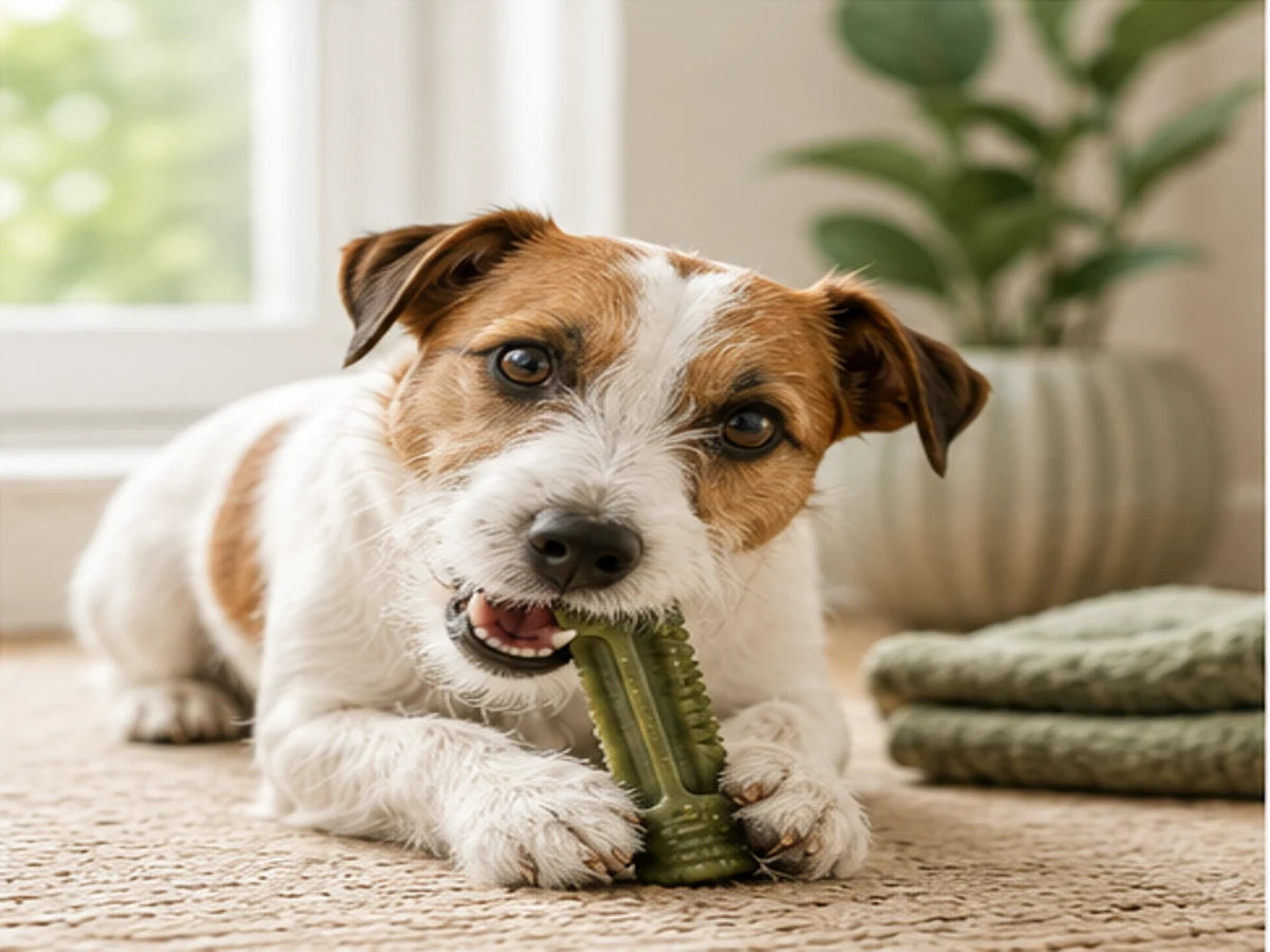 Dog chewing a dental toy representing dental health