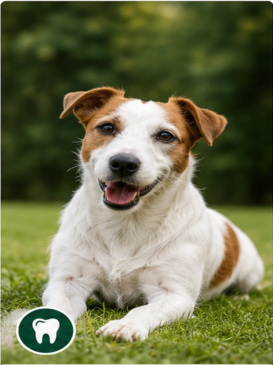 Happy dog outdoors representing dental health support
